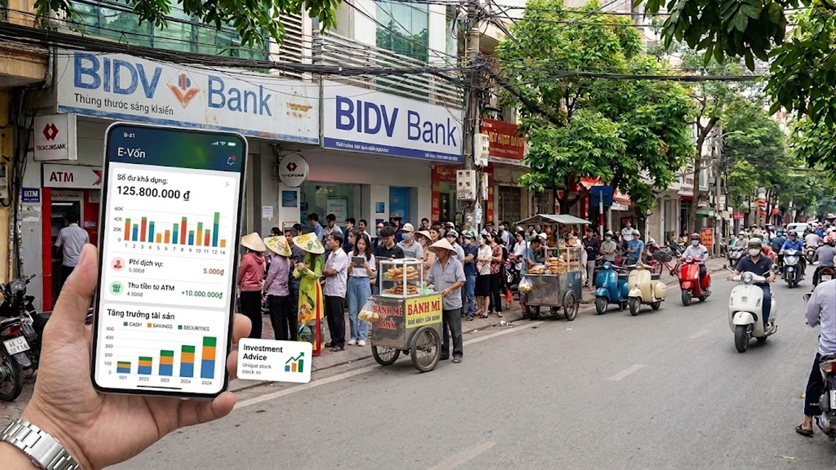 Người dân xếp hàng tại cây ATM